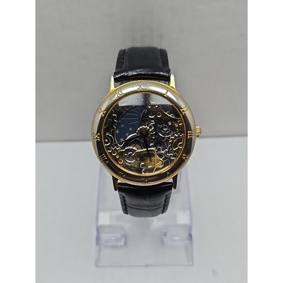 Futura Sun Moon Skeleton Dial Quartz Watch Womens Black New Battery Gold Tone - Picture 1 of 12